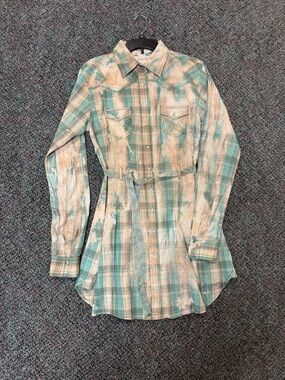 A Rare Bird Turquoise & Cream Bleach Dyed Plaid Belted Tunic/Dress Size XL